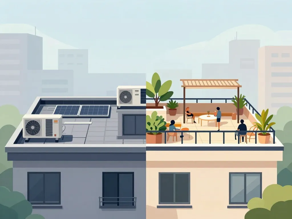 Comparatif visuel d’un toit en terrasse technique et d’une terrasse accessible