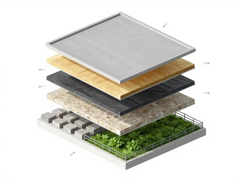 Schéma éclaté des couches d’un toit en terrasse avec pente et végétalisation
