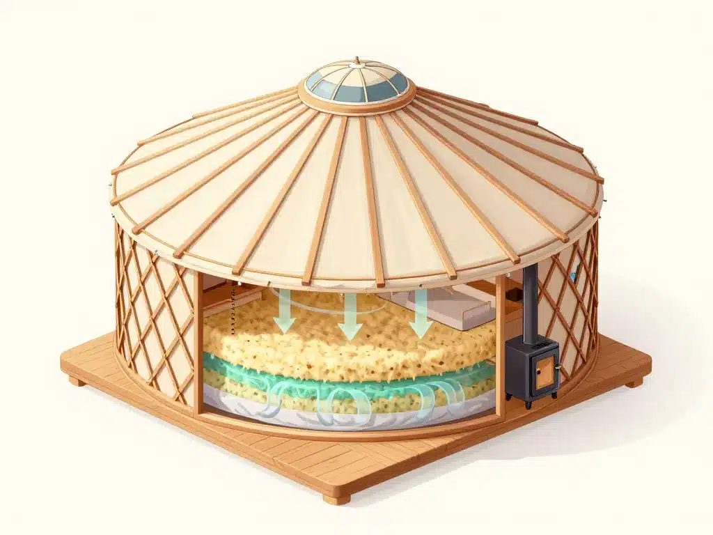 Diagramme yourte coupe éclatée isolation, ventilation, poêle