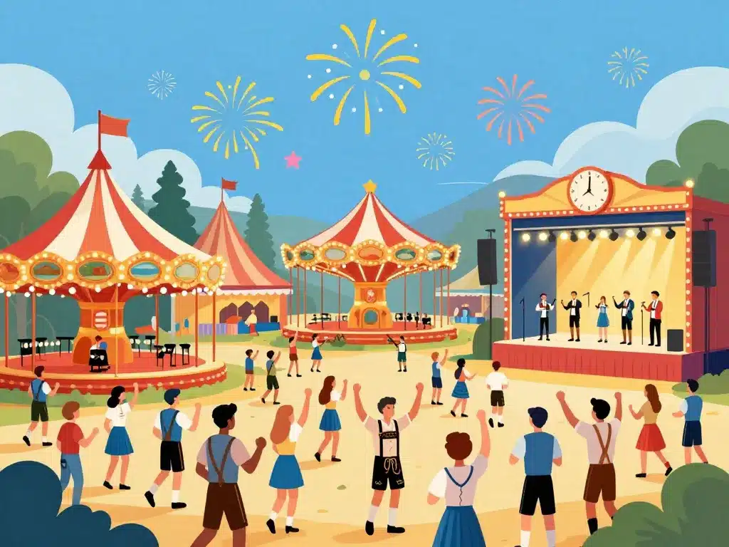 Scène dynamique Oktoberfest 2024, foule bavaroise fête et programme