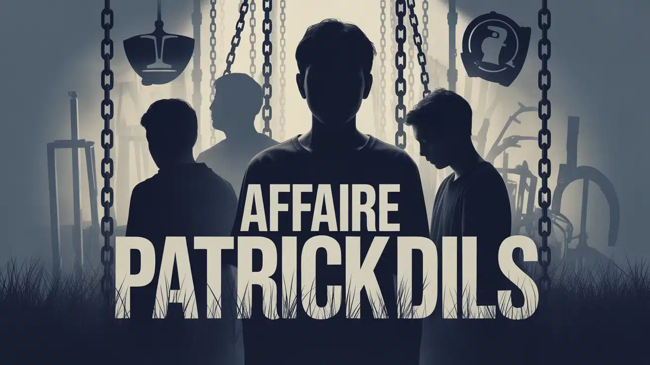 Illustration vectorielle sombre Affaire Patrick Dils avec adolescent et symboles justice