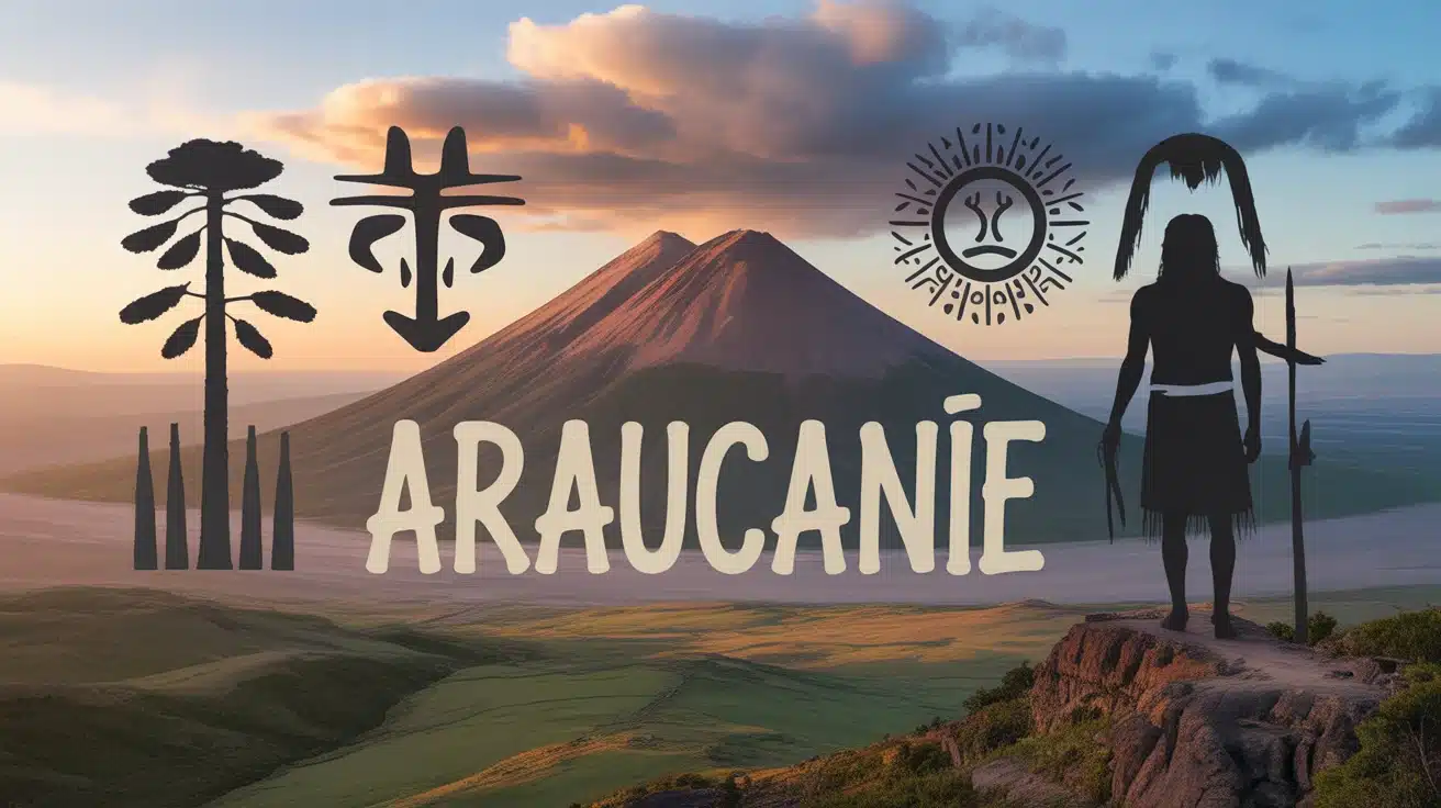Illustration Araucanie volcan et symboles mapuches