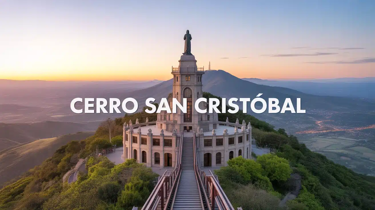 Vue vectorielle du Cerro San Cristóbal avec statue et funiculaire
