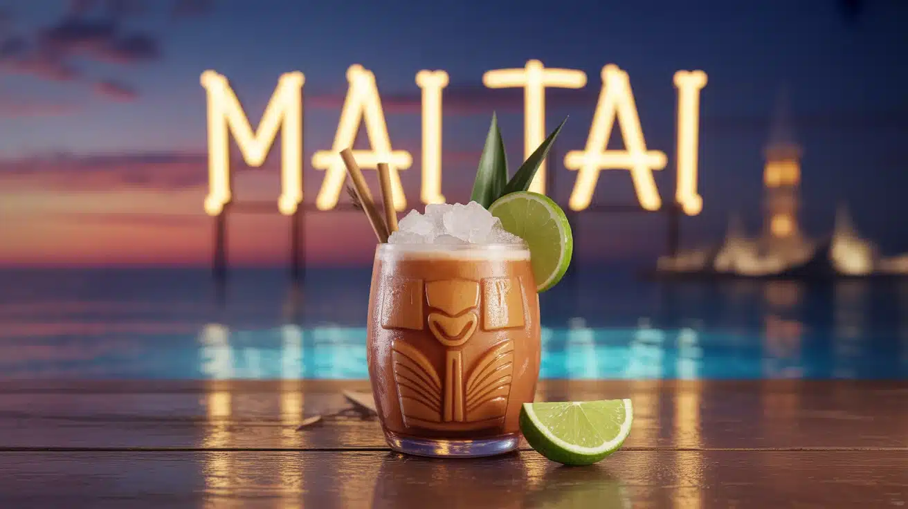 Illustration cocktail Mai Tai avec glace pilée et menthe