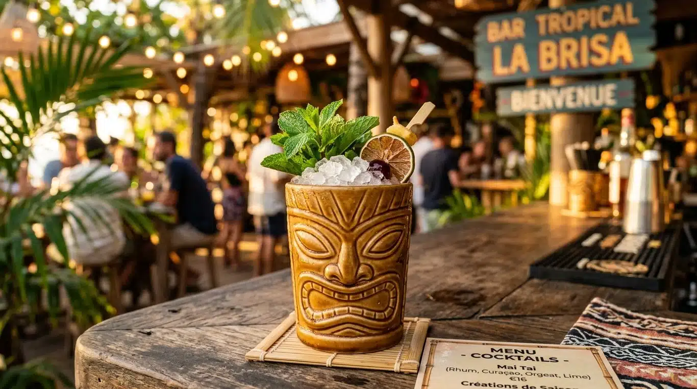 Cocktail Mai Tai authentique servi dans un verre Tiki avec de la glace pilée et une garniture de menthe fraîche.