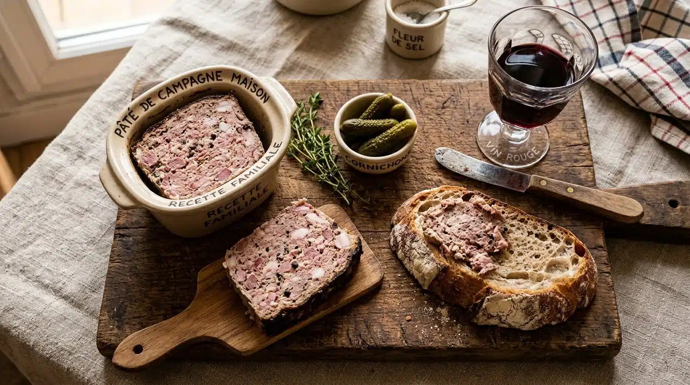 Pâté de campagne traditionnel servi sur une planche en bois avec du pain au levain et des cornichons.