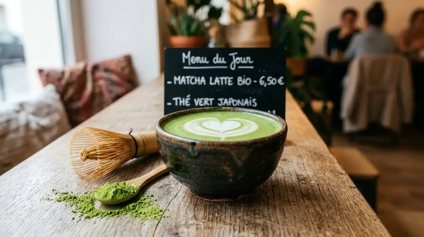 Un matcha latte onctueux dans un bol en céramique avec un fouet en bambou à côté.