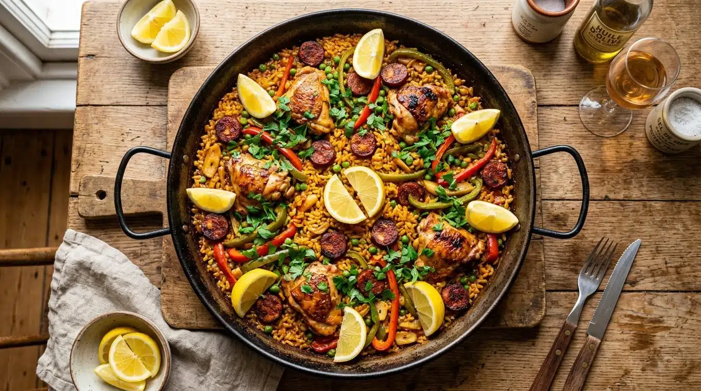 Paella au poulet et chorizo dans un poêlon traditionnel