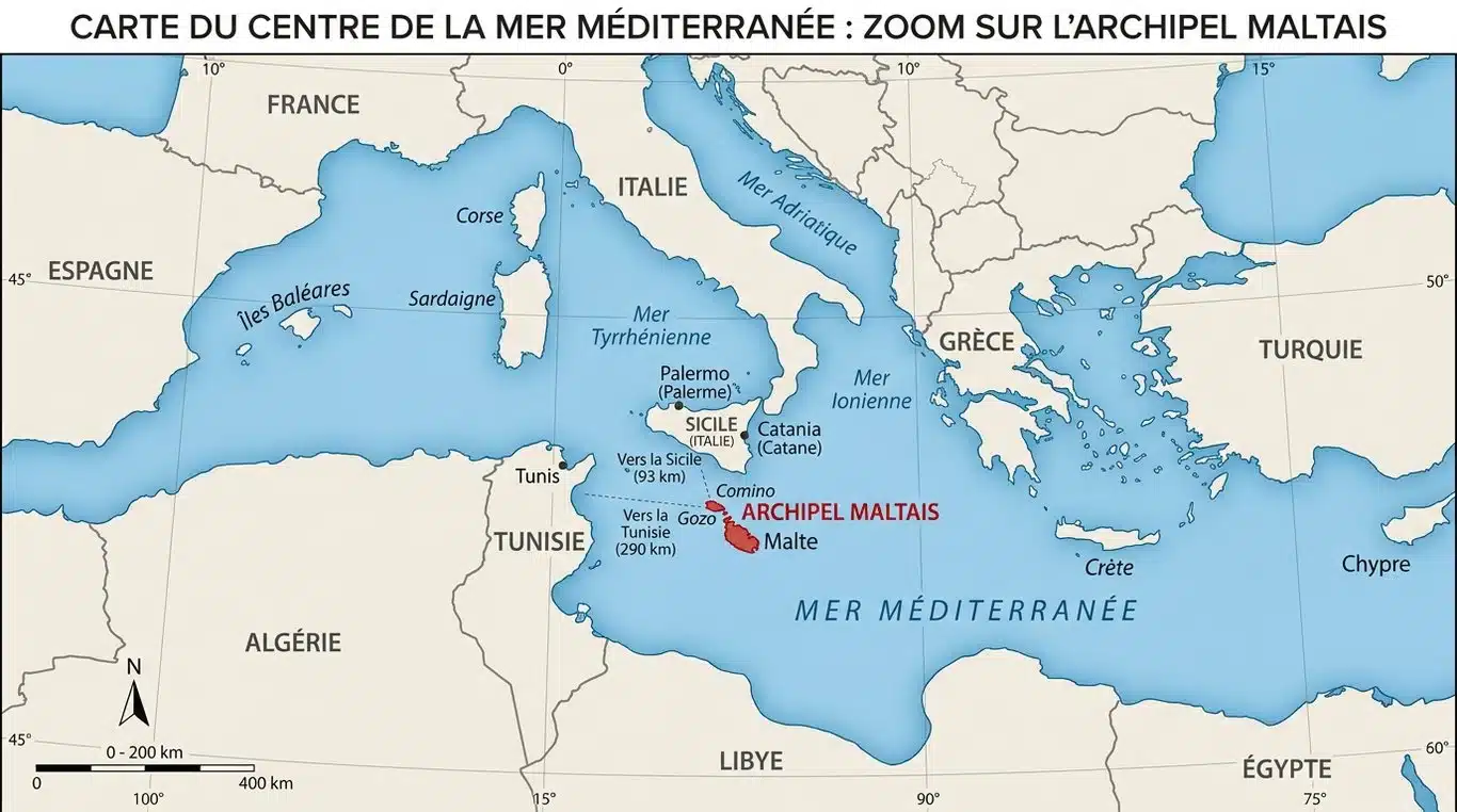 Carte de la Méditerranée localisant l'archipel de Malte entre la Sicile et la Tunisie
