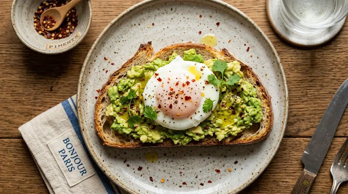 Avocado toast gourmand avec œuf poché sur pain au levain