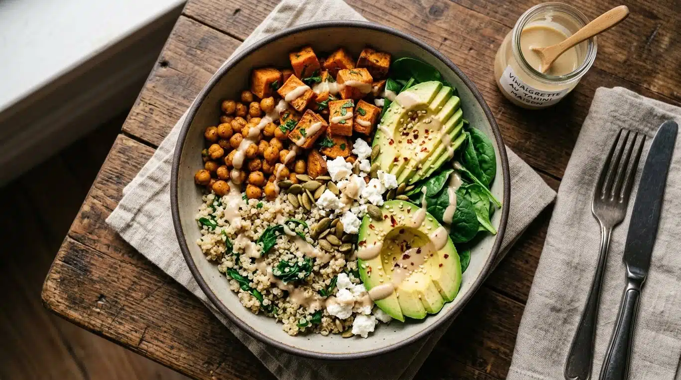 Harvest Bowl au quinoa, patates douces rôties, pois chiches et avocat
