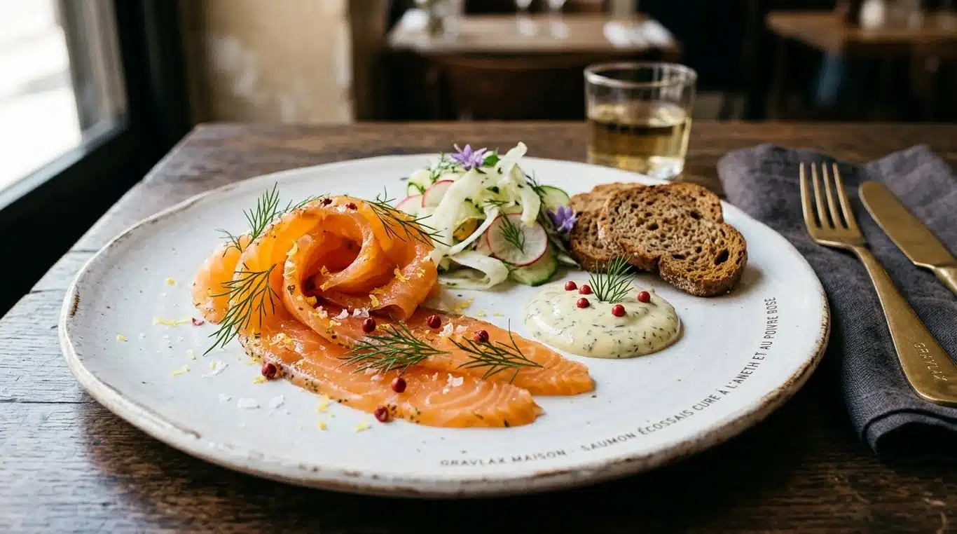 Gravlax de saumon aux baies roses et aneth