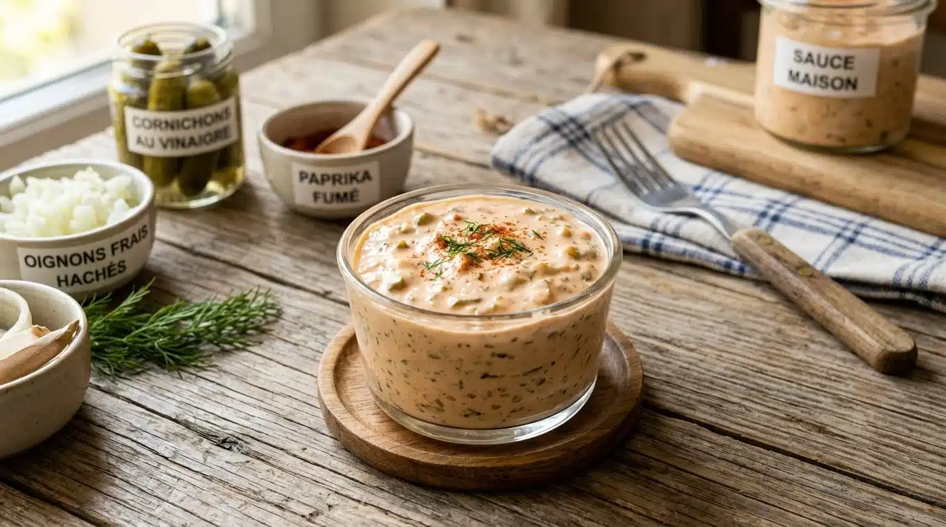 Sauce Big Mac maison dans un ramequin avec ses ingrédients