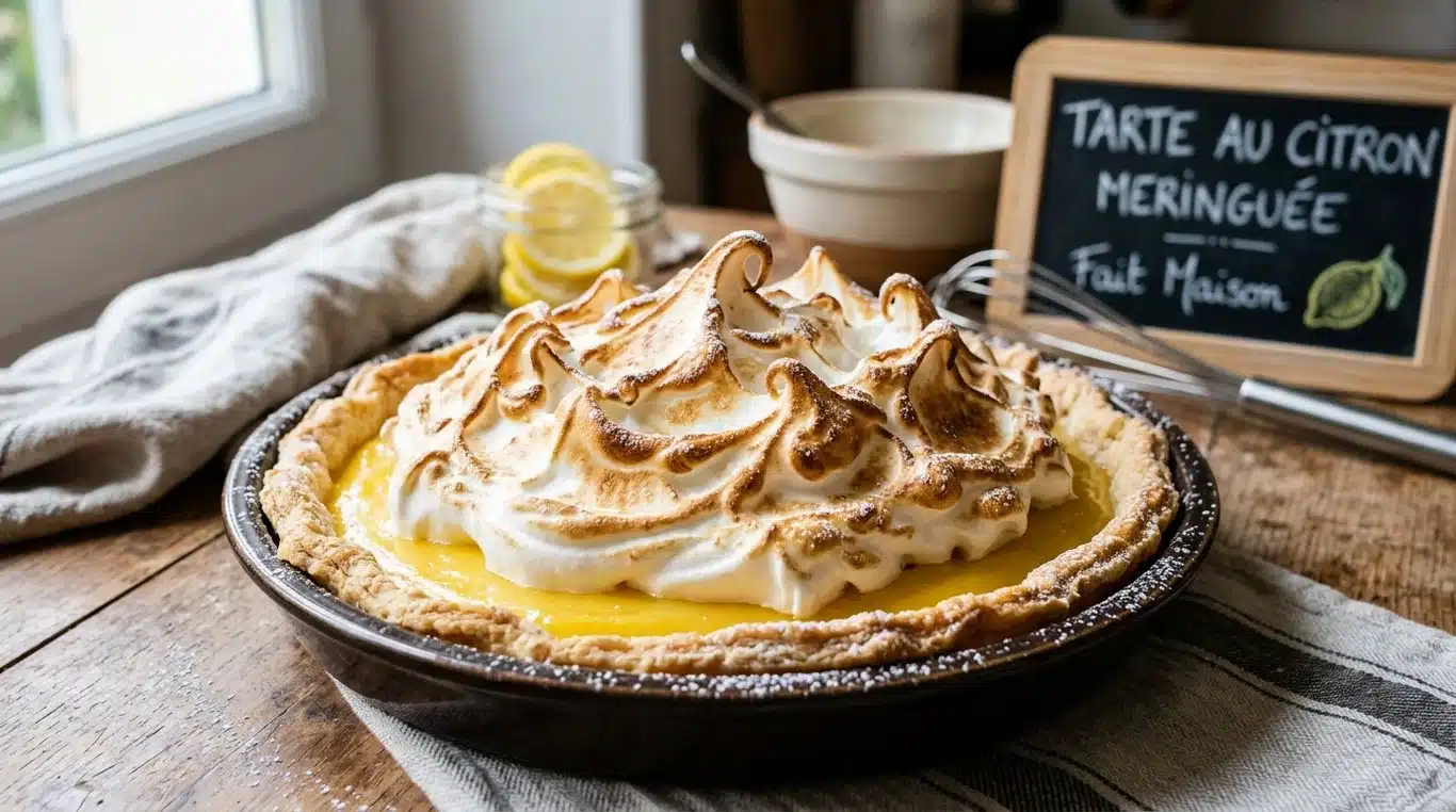 Tarte au citron meringuée traditionnelle avec une meringue dorée et une pâte sablée croustillante.