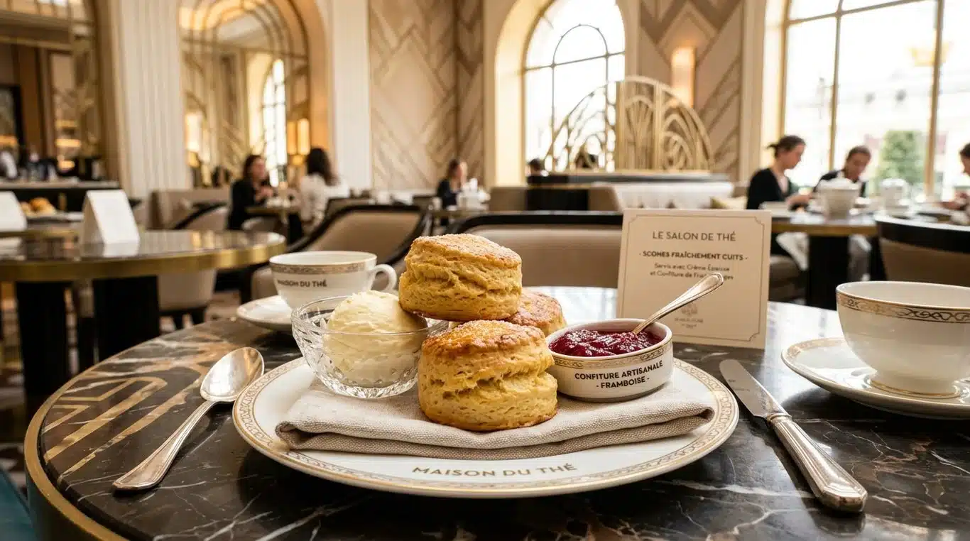 Scones maison façon Lutetia servis avec crème et confiture.