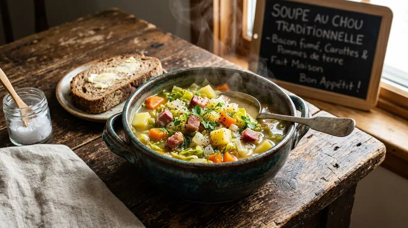 Soupe traditionnelle au chou vert fumant dans un bol en céramique
