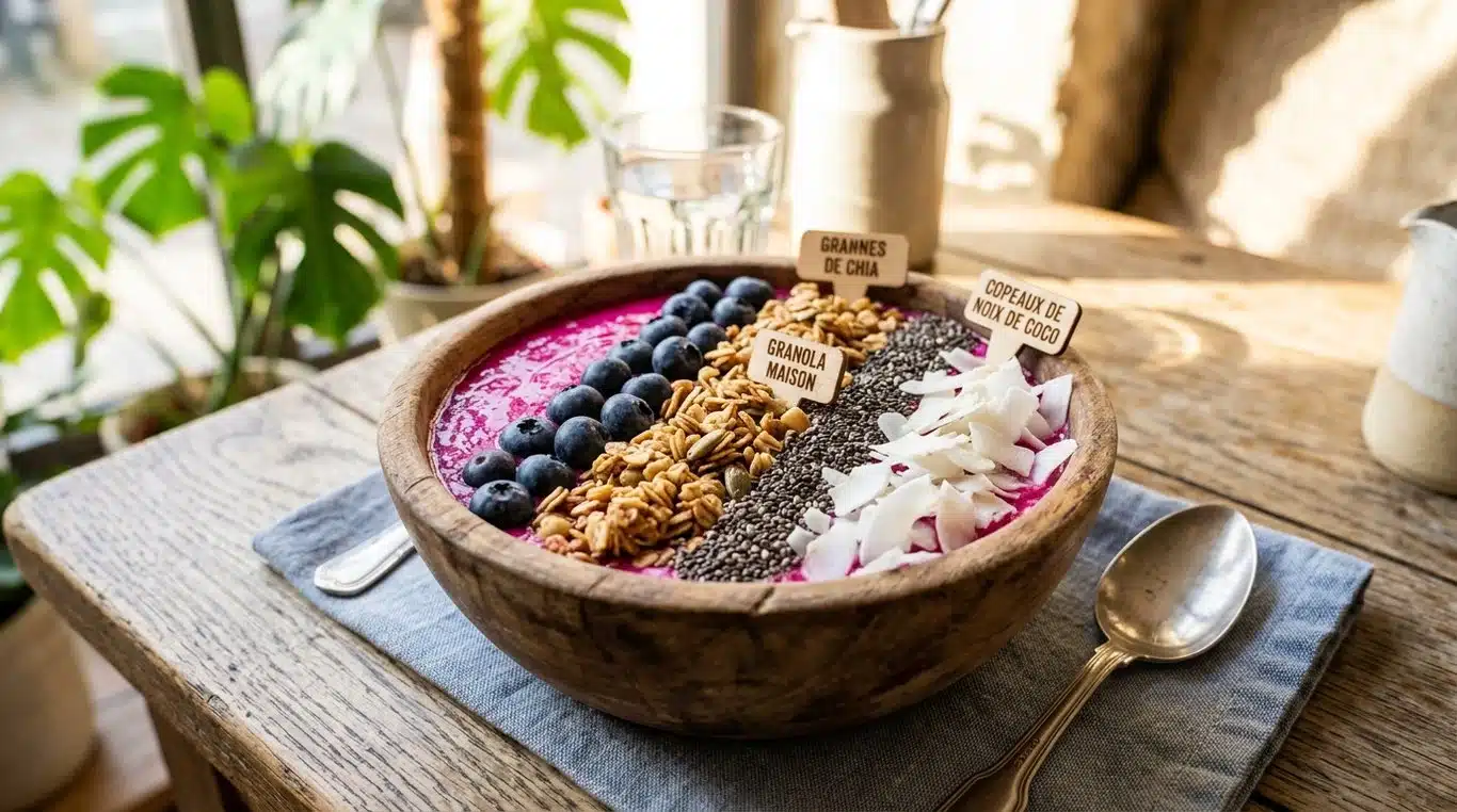 Bol de fruit du dragon (pitaya bowl) garni de granola, de baies et de graines de chia.