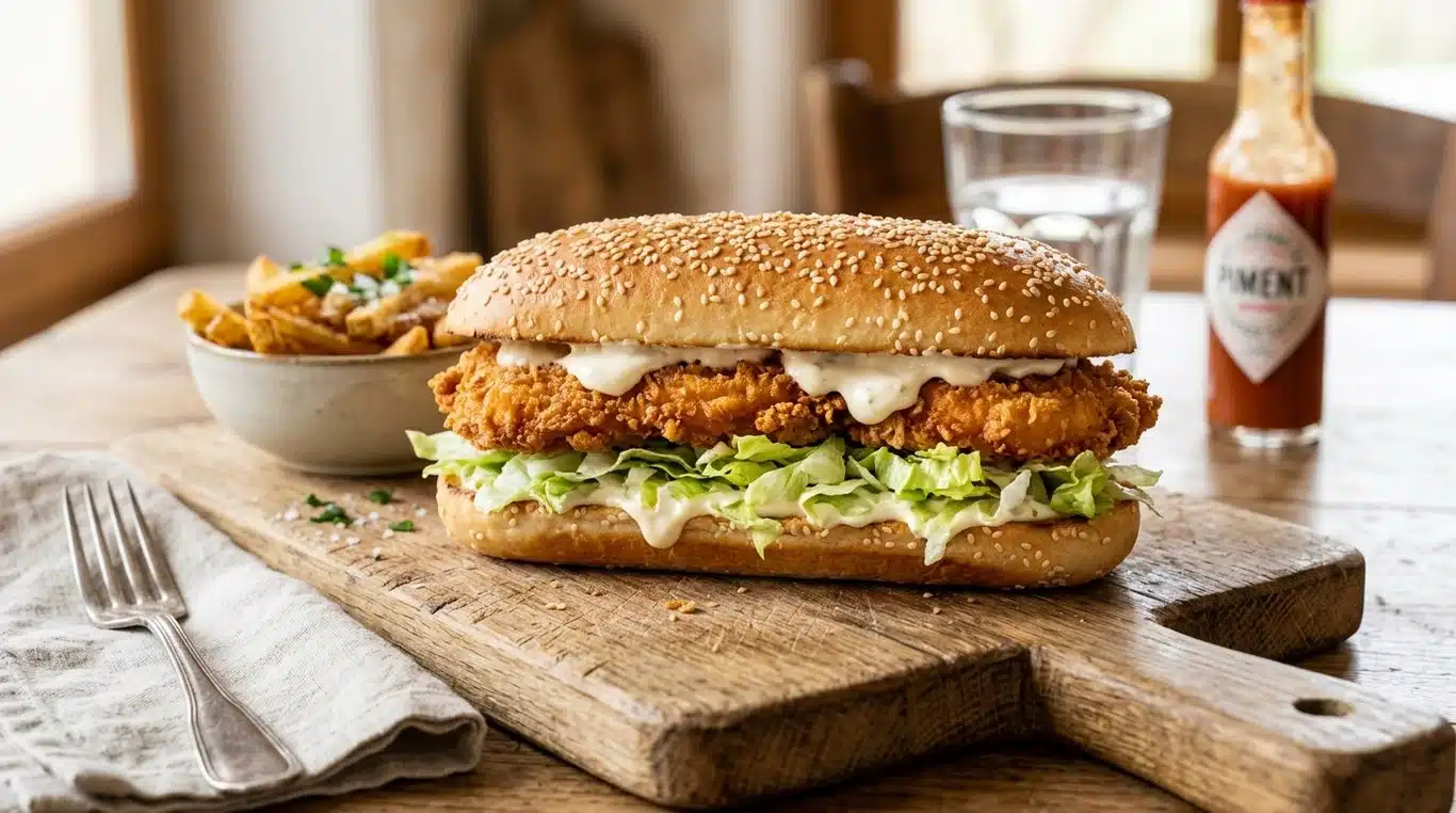 Burger Long Chicken maison fait maison avec pain aux céréales et poulet croustillant