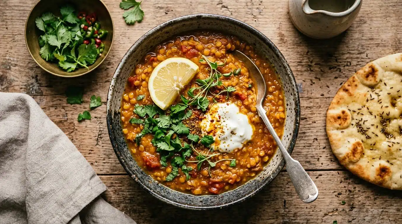 Bol de dahl de lentilles corail fumant et appétissant