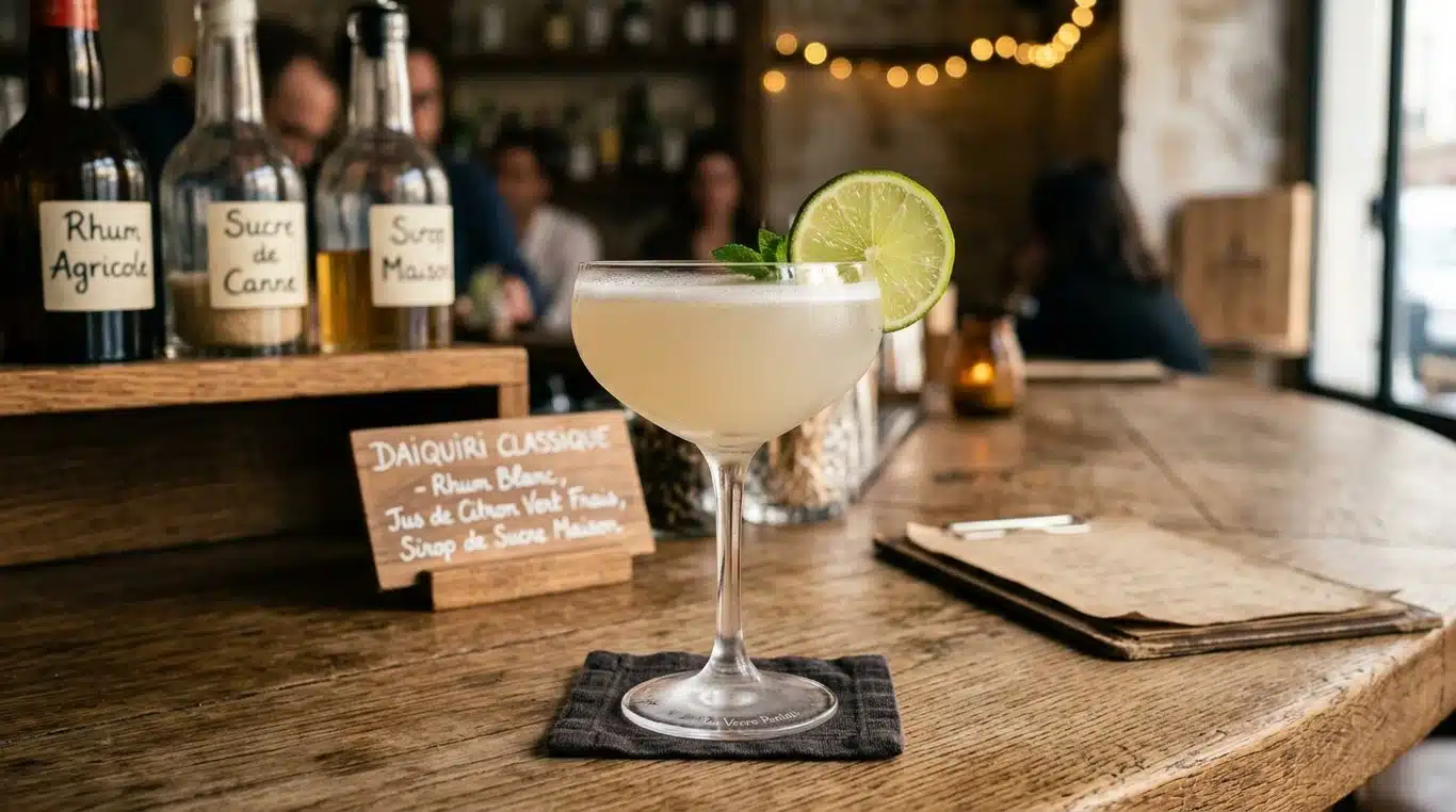 Un cocktail Daikiri classique dans une coupe givrée avec une rondelle de citron vert.