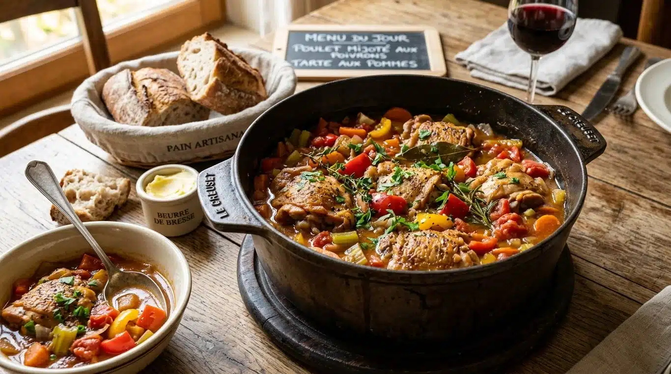 Plat de poulet au poivron et tomate mijoté dans une cocotte en fonte
