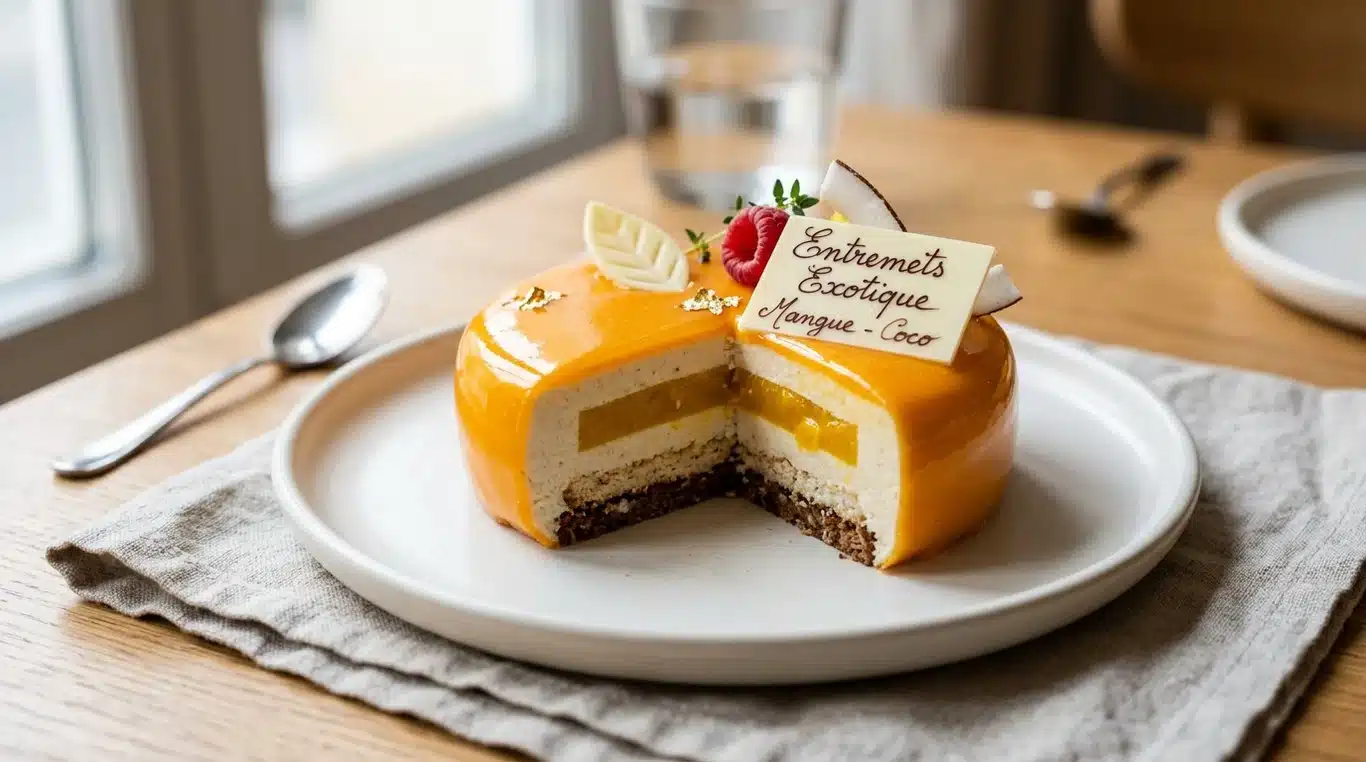 Entremets Exotique avec glaçage miroir, mousse coco et insert mangue