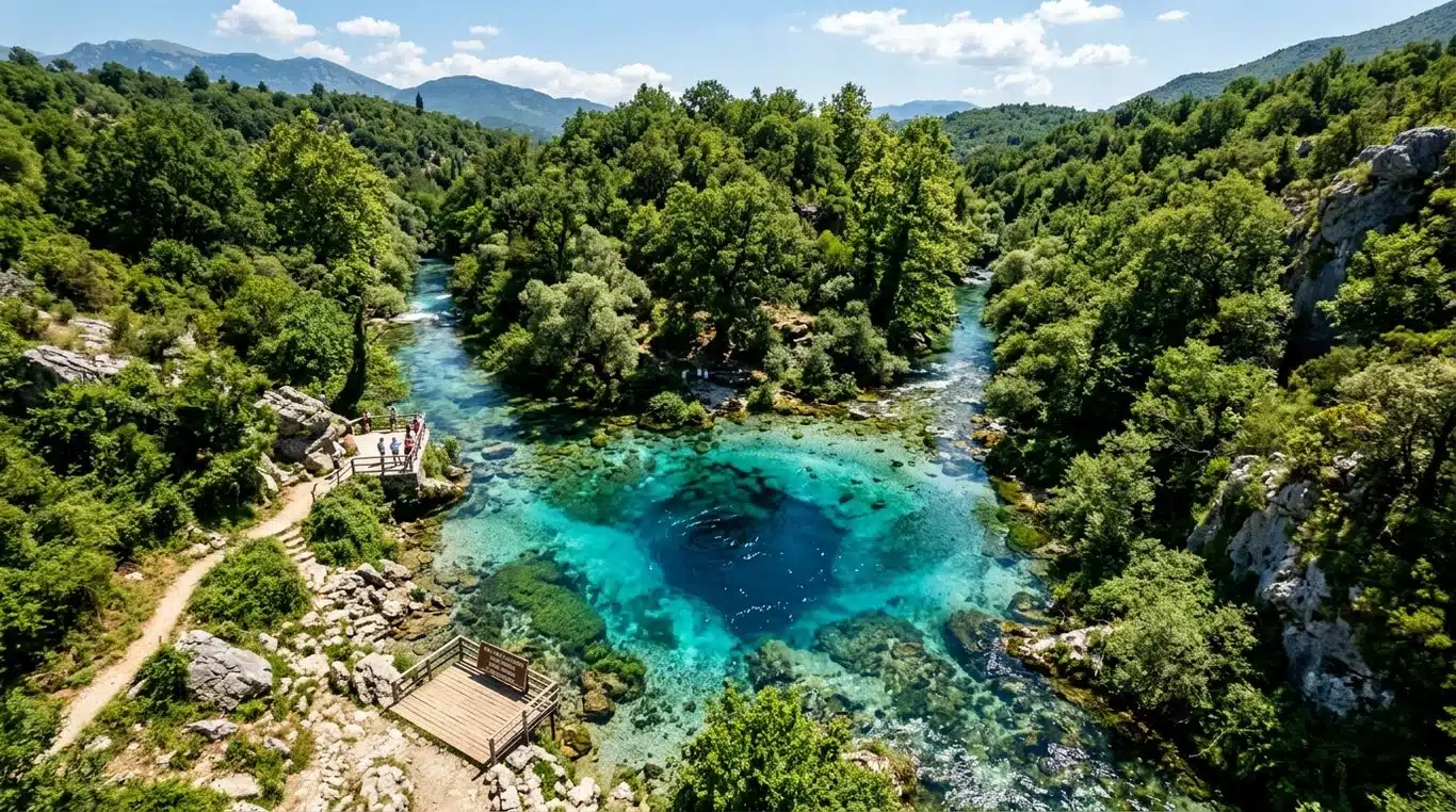 Vue aérienne du Blue Eye (Syri i Kaltër) en Albanie montrant ses nuances de bleu saphir et turquoise.