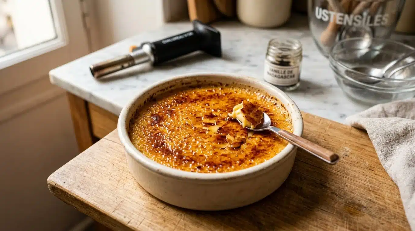 Crème brûlée avec une croûte de sucre caramélisée parfaite réalisée au chalumeau