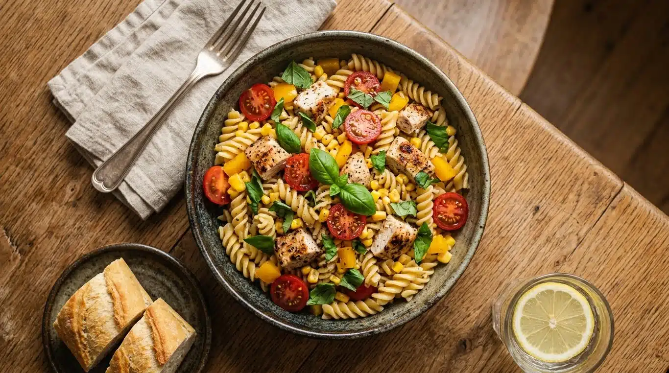 Salade de pâtes au poulet colorée et appétissante dans un bol en céramique
