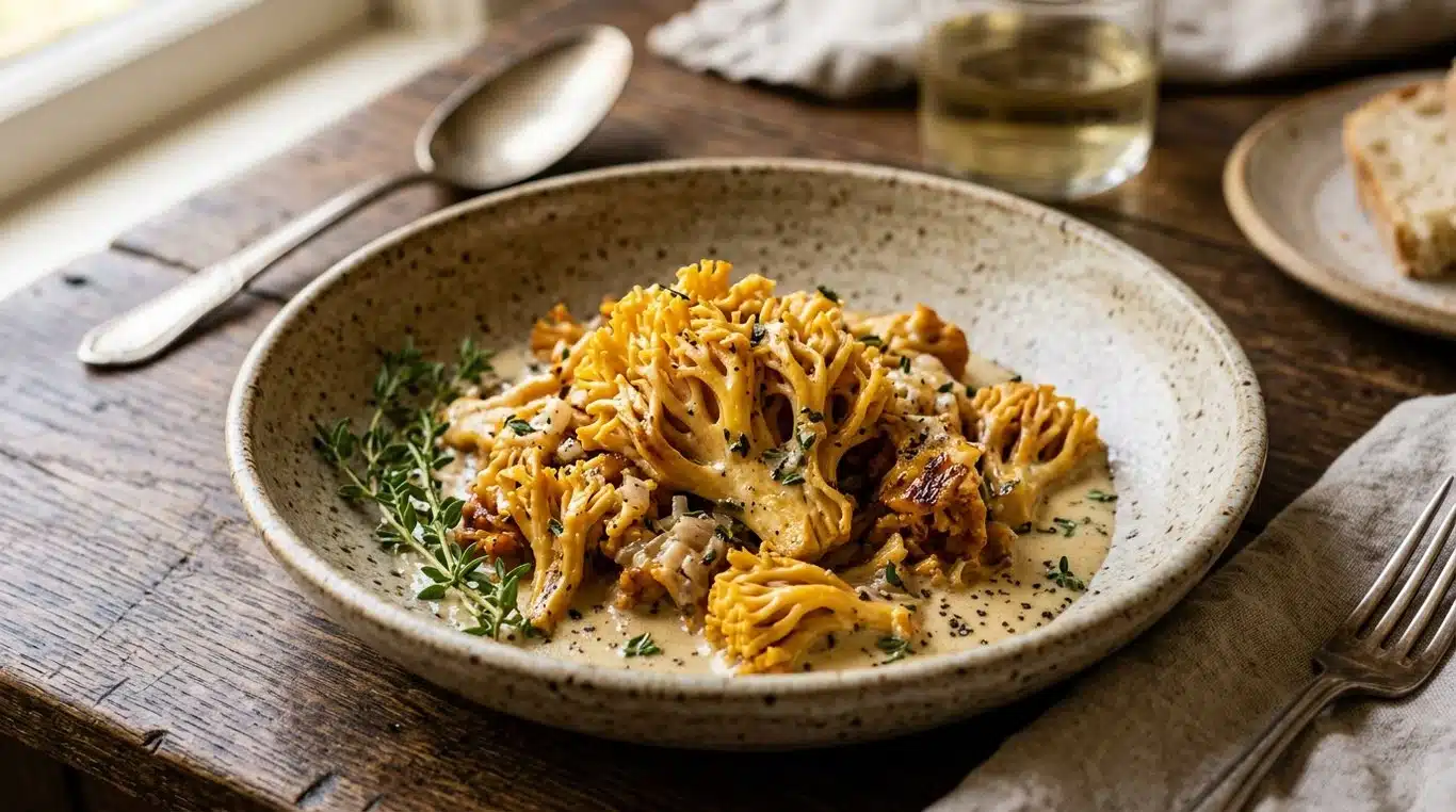 Poêlée de clavaires jaunes à la crème et au thym frais
