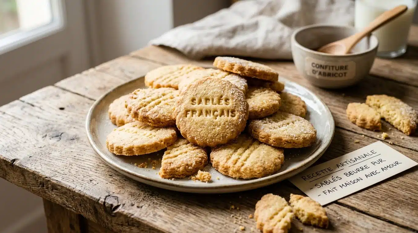 Assortiment de biscuits sablés pur beurre disposés sur une table en bois