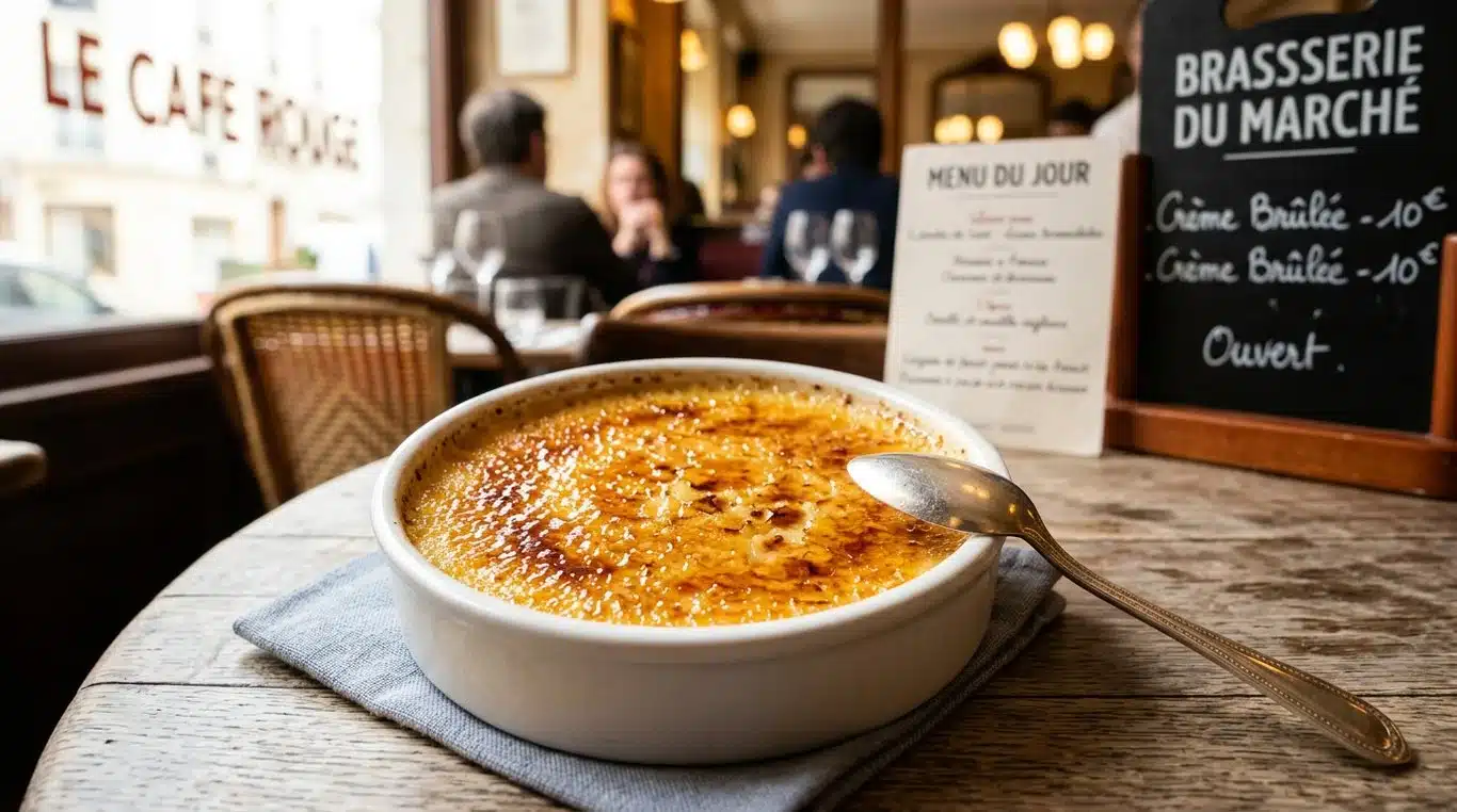 Crème brûlée traditionnelle française avec une croûte de sucre caramélisé.