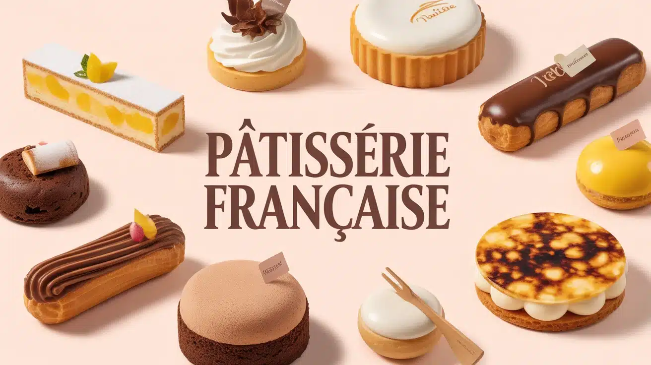 illustration pâtisserie française avec tarte au citron et éclairs