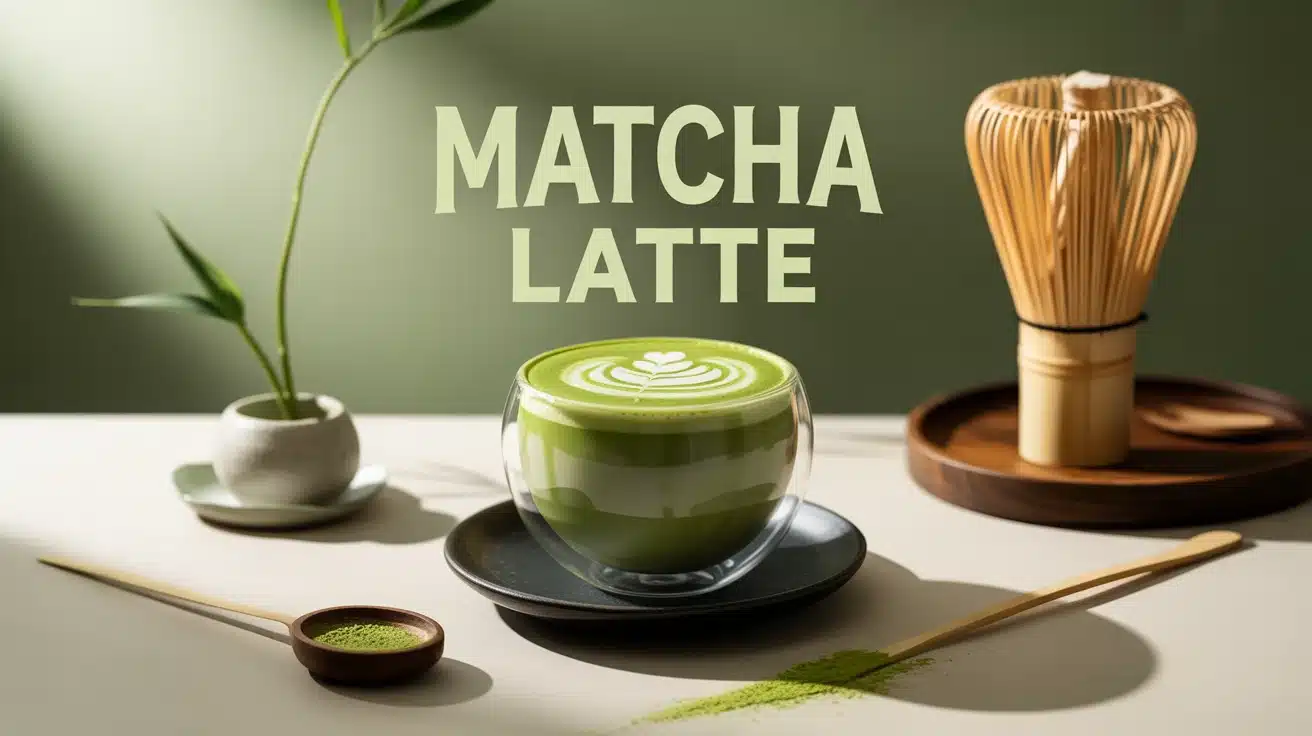 Bol de matcha latte avec mousse et accessoires traditionnels en bambou