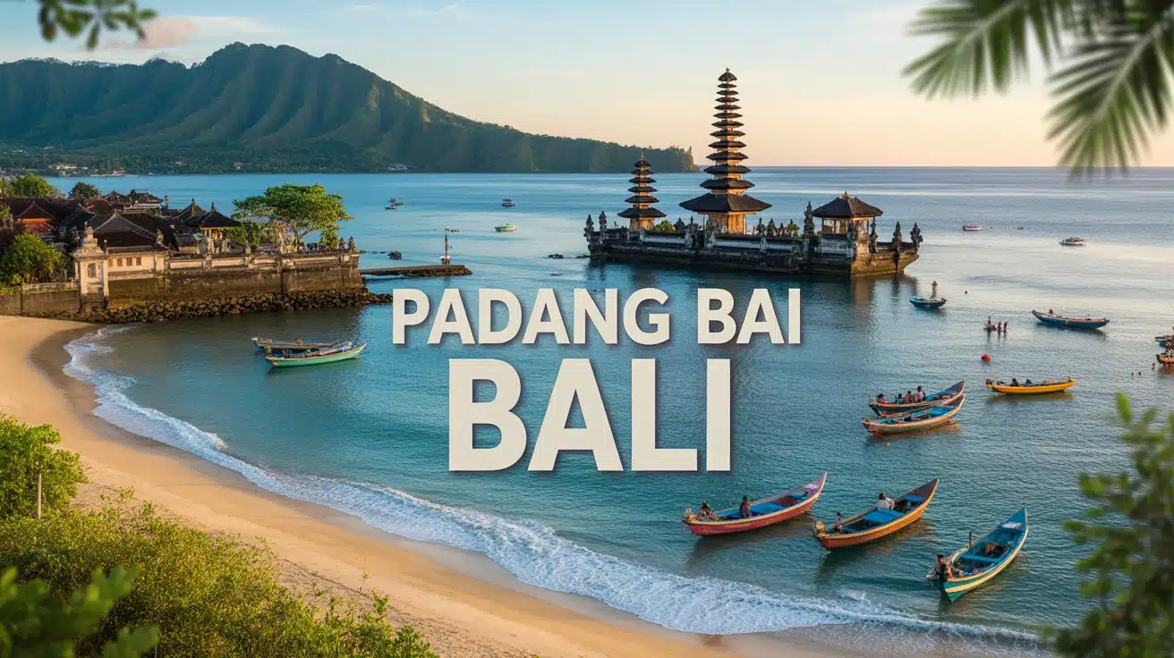 Vue de Padang Bai Bali avec baie paisible et bateaux traditionnels jukung