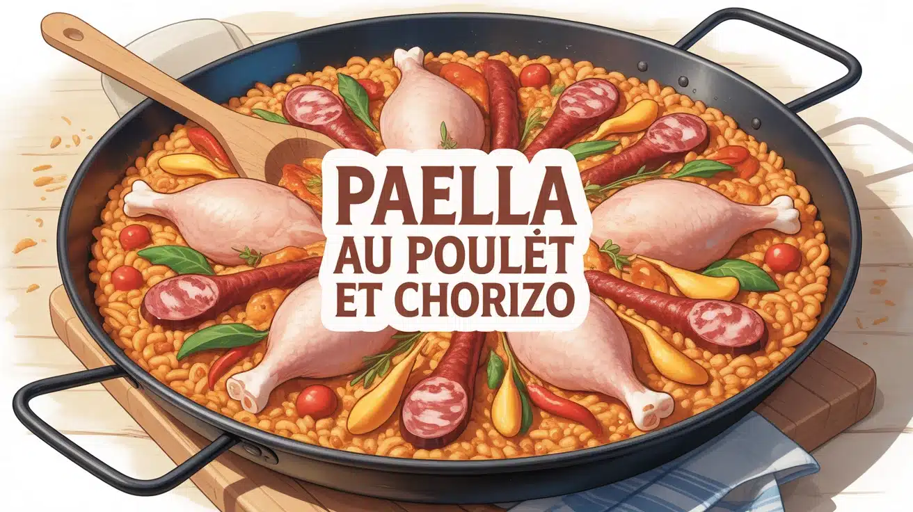 paella au poulet et chorizo dans poêlon traditionnel avec riz et légumes