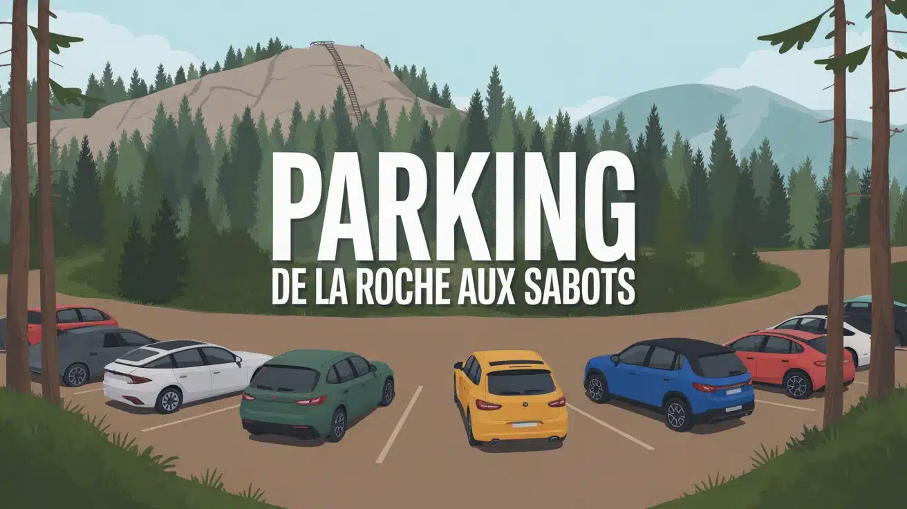 Illustration parking de la Roche aux Sabots en forêt avec voitures et pins