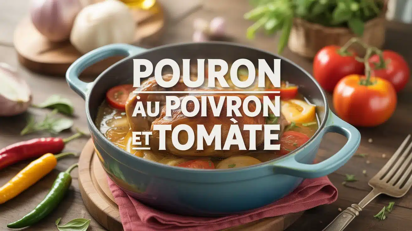 Plat de poulet au poivron et tomate en cocotte avec légumes frais