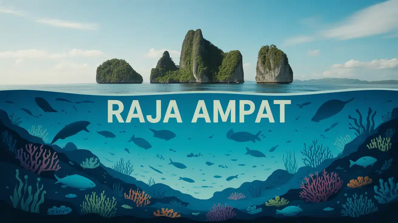 Illustration archipel Raja Ampat avec coraux et mer turquoise