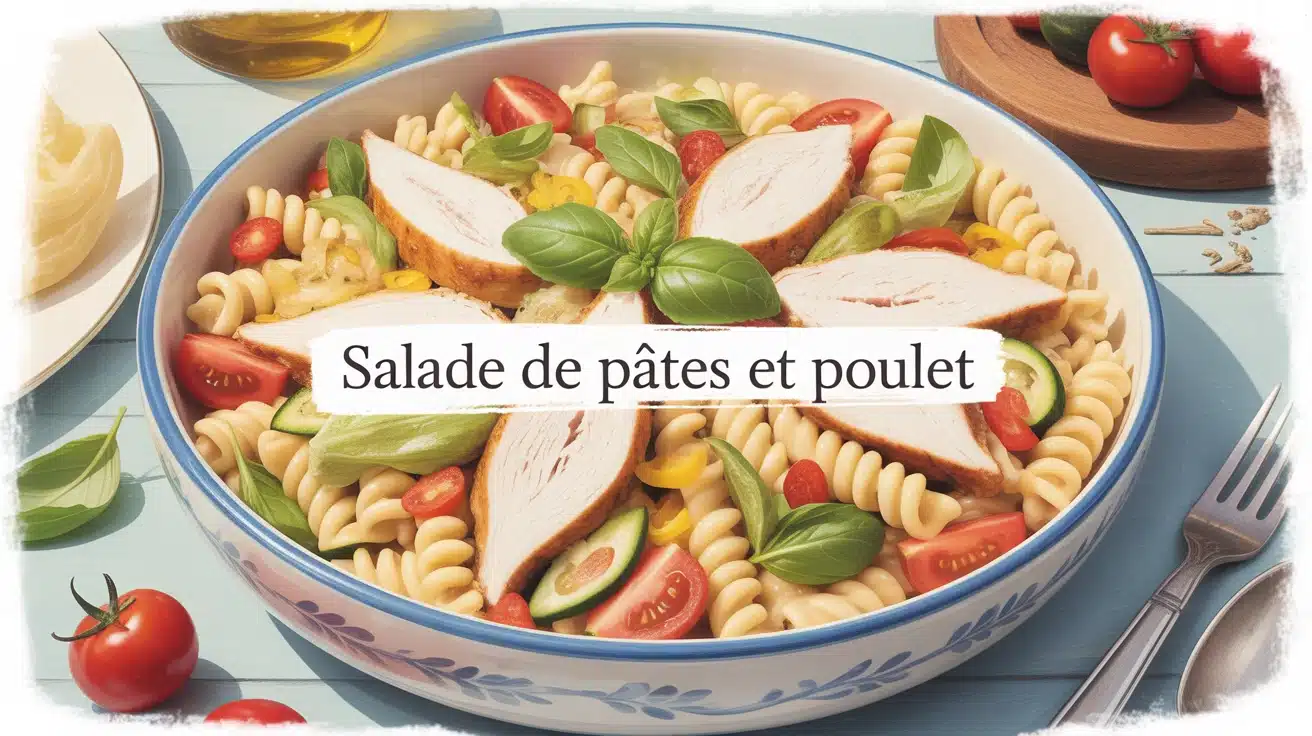 salade de pâtes et poulet avec fusilli farfalle tomates cerises poivrons basilic