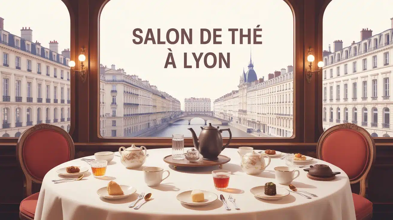 illustration salon de thé à Lyon avec théières et pâtisseries