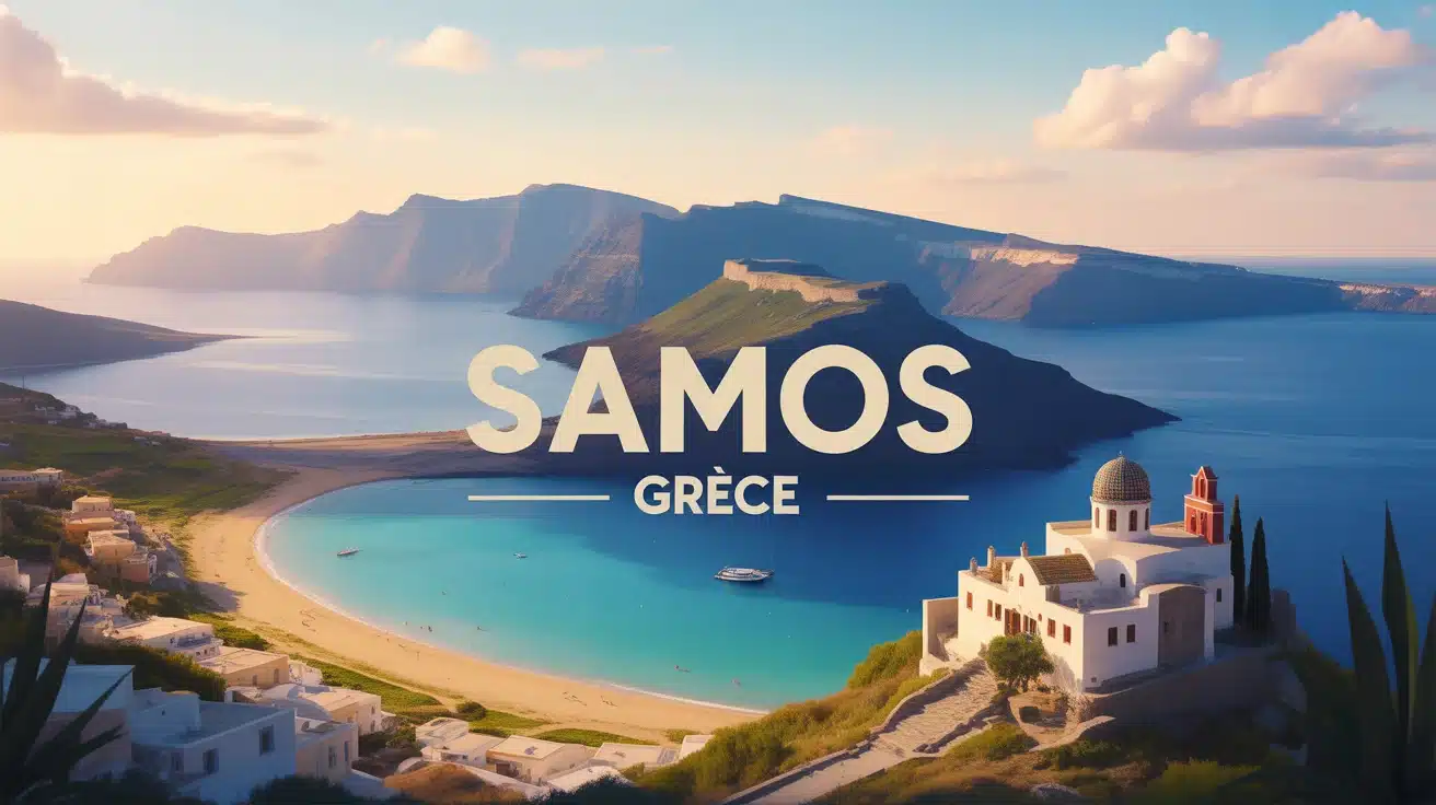 Illustration île Samos Grèce montagnes plages nature