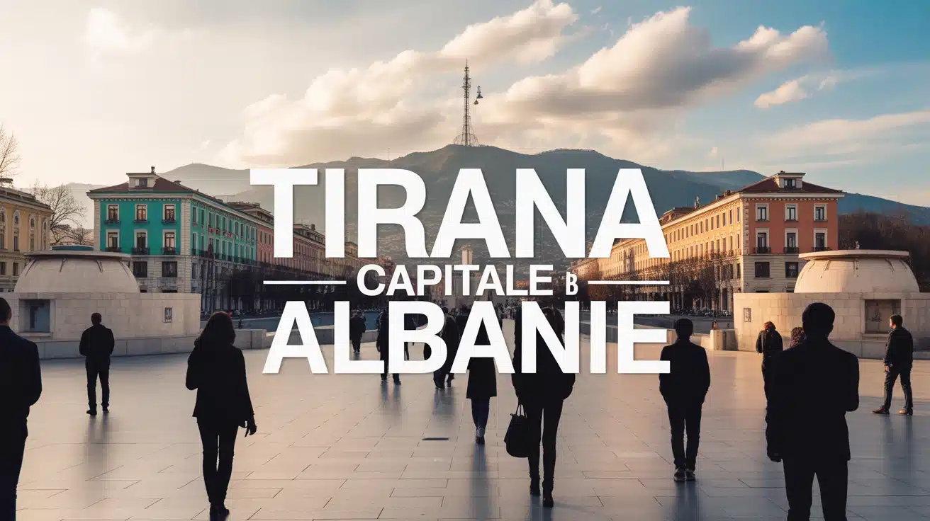 Illustration vectorielle de Tirana capitale Albanie avec bâtiments colorés et bunkers