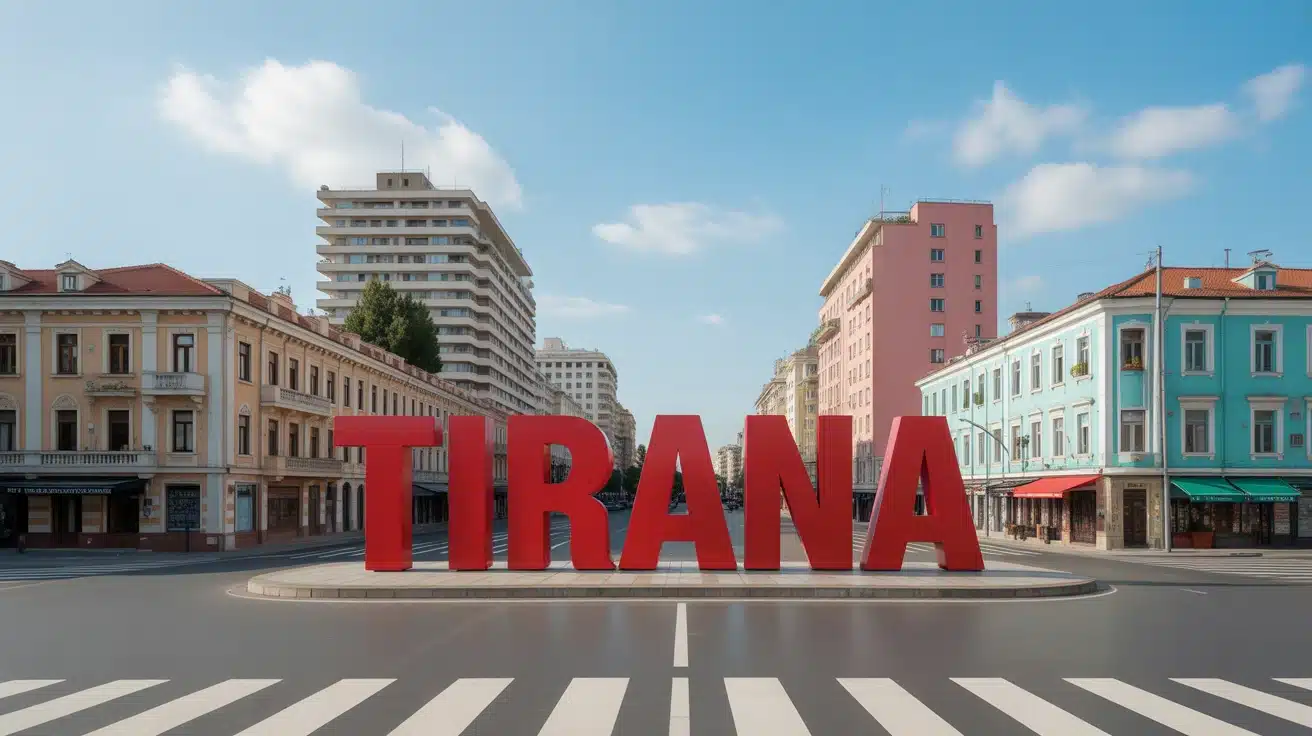 Vue stylisée de Tirana avec architecture communiste et moderne