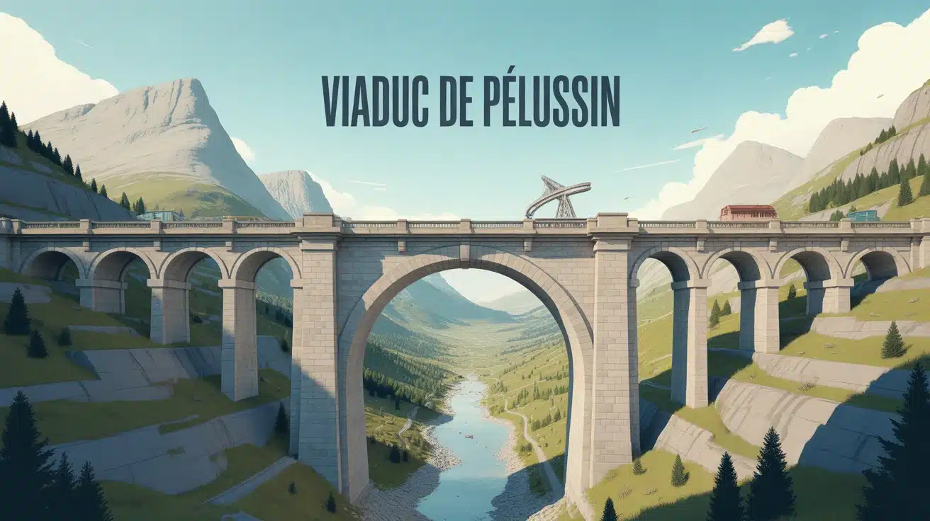 Illustration vectorielle du viaduc de Pélussin avec arche en granit et vallée