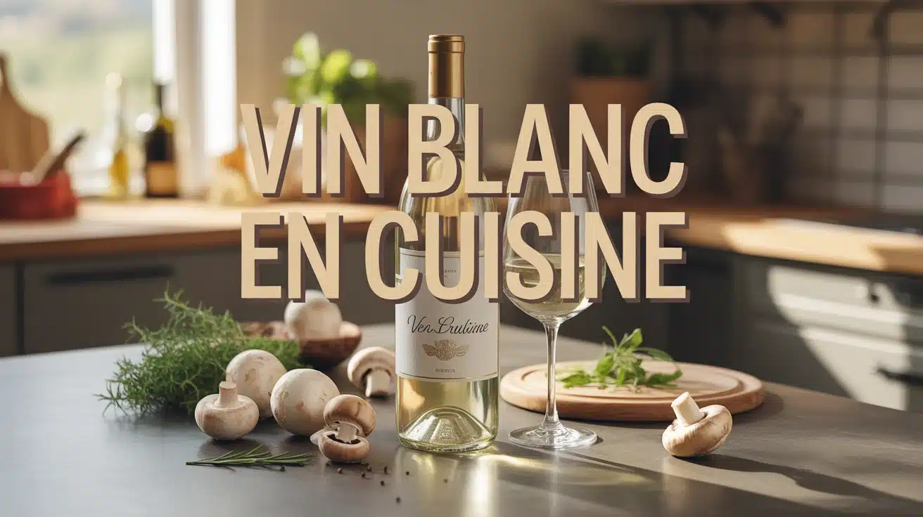 bouteille de vin blanc en cuisine avec herbes et champignons