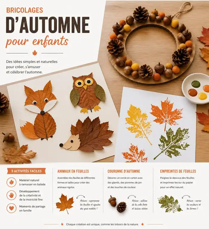 Idées de bricolage automne maternelle avec feuilles et matériaux naturels