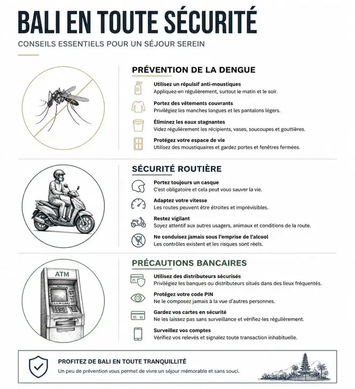 Infographie des conseils de sécurité et précautions sanitaires pour un voyage à Bali