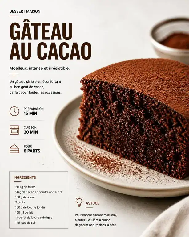 Gâteau au cacao moelleux et aérien, recette simple et rapide
