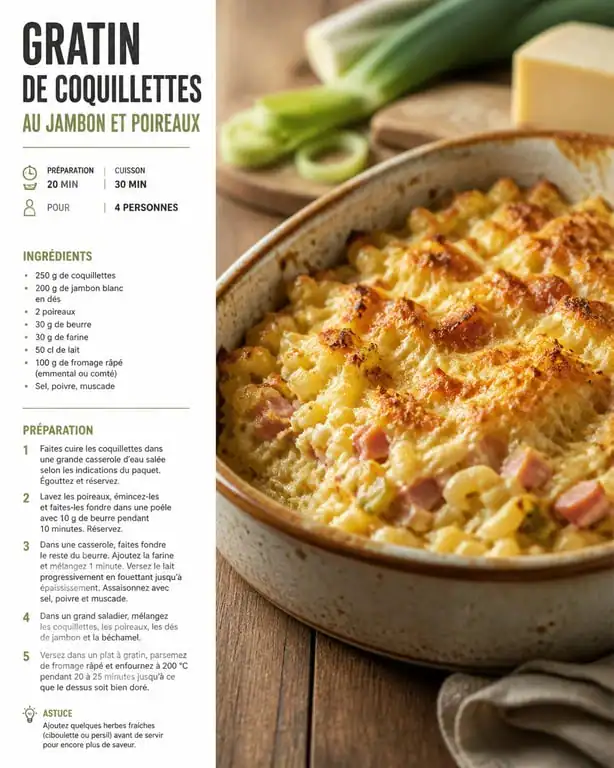 Gratin de coquillettes au jambon et poireaux, une recette facile et pas cher